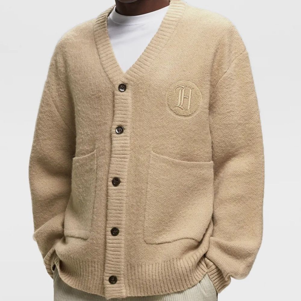 Honor The Gift Beige Wool Blend‎ Cardigan with Embroidered Logo Size Medium